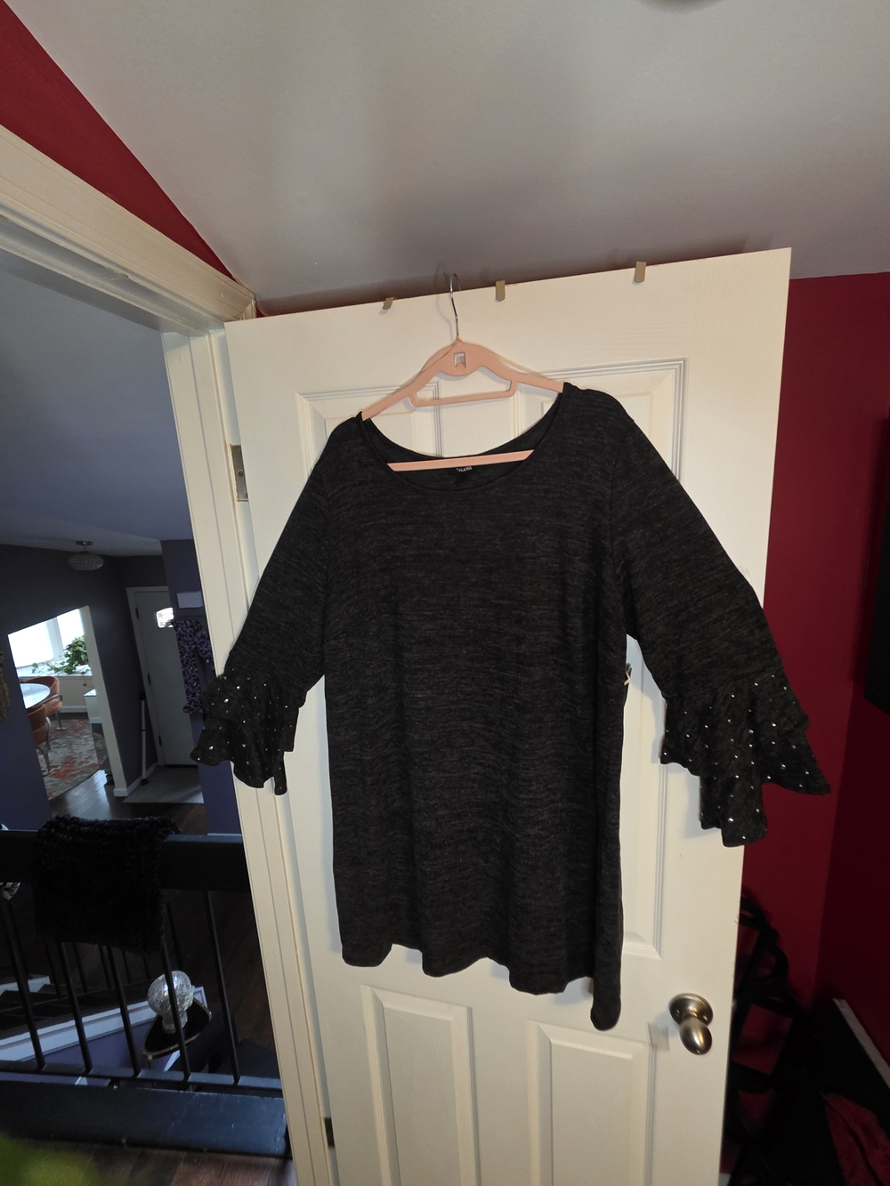 Tacera Dark Gray Ruffle Bell Sleeve Knit Top